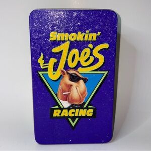 Vintage Smokin’ Joe’s Racing purple metal tin race cars, motorcycle Camel Joe